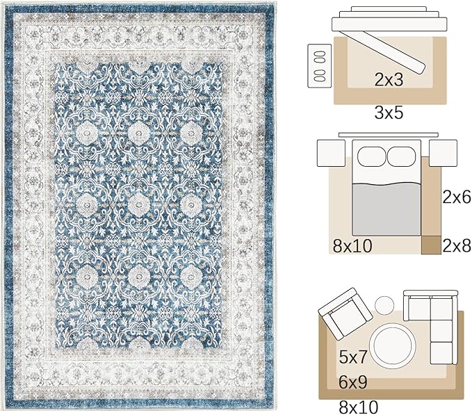 jinchan Floral Area Rugs 4x6 Machine Washable Vintage Distressed Boho Design Throw Rug Stain Resistant Carpet Low Pile Ultra-Thin Non-Slip for Bedroom Living Room Dining Room Kitchen(4‘x6', Drak Blue)