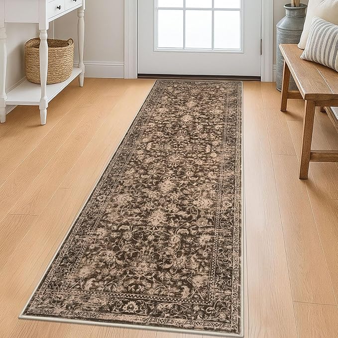 KILOCOCO Hallway Runner 2x6 Rug Runner Printed Floral Washable Kitchen Runners Non-Slip Rubber Backed Runners for Hallways Laundry Room Distressed Boho Rugs for Entryway Bedroom, Rust Brown Red