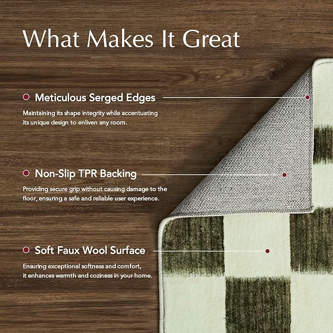 EVERGRACE Checkered Plaid Area Rug 2x8, Soft Fuzzy Faux Wool Rugs Washable Anti Slip Long Runner Rug Carpet for Entryway Bedroom Living Room Hallway Kitchen Dining Room and Laundry, Olive Green