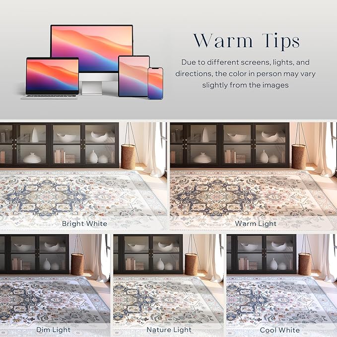 Phantoscope Washable Area Rug 8'x10' Non-Slip, Vintage Boho Rugs for Living Room, Bedroom, Dining Room, Persian Floral Medallion Pattern, Low-Pile Foldable Floor Carpet, Ivory Blue/Garden Bloom