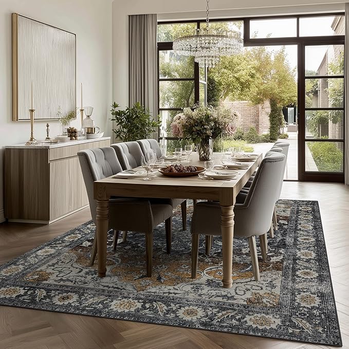 Washable Area Rugs 8x10, Large Rugs for Living Room, Carpet for Bedroom, Soft Faux Wool Retro Dining Room Rug, Non-Slip Backing Resistant Low Pile Vintage Print Rug for Home Office (Tan/Gray)