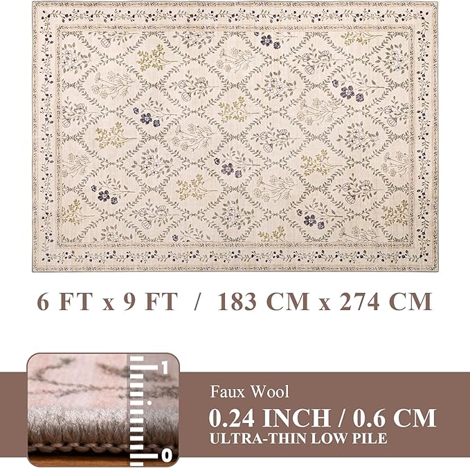 YIHOUSE 6x9 Washable Rug for Bedroom, Beige Floral Rugs for Living Room Non Slip Ultra-Thin Large Boho Rug for Kids Playroom, Classroom, Girls Dorm, Nursery, Beige Multi