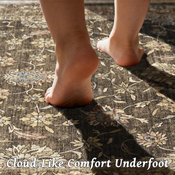 Washable 8x10 Area Rugs for Living Room, Boho Non-Slip Vintage Distress Large Rugs for Bedroom Dining Room Nursery Office, 0.3" Neutral Oriental Throw Thin Carpet, Tan/Flaxen/Multi