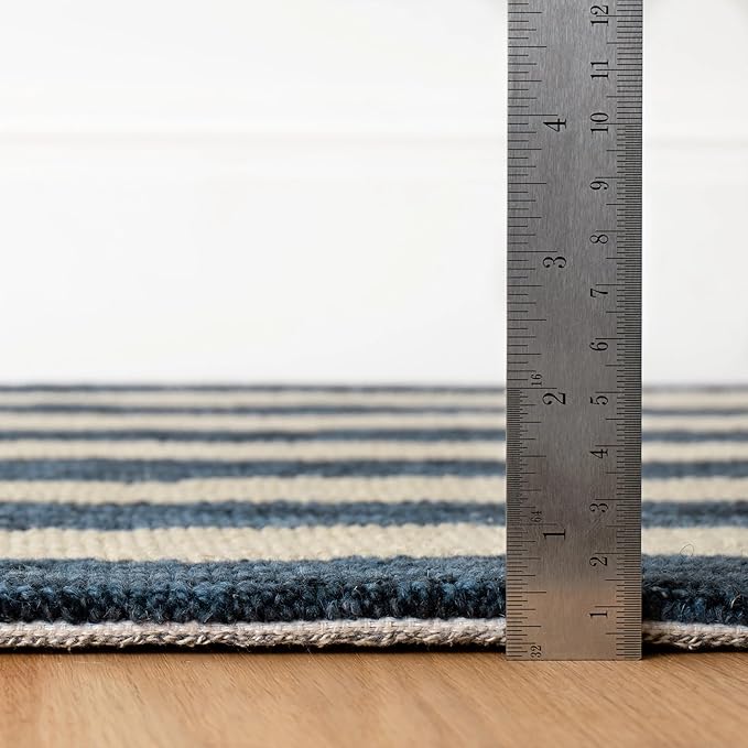 Dash & Albert Silas Stripe Navy Hand Micro Hooked Wool Rug, 2 X 3 Feet, Blue Stripe Pattern - Premium Luxury Hotel Quality Soft Breathable Hypoallergenic Machine Washable Easy Care All Season