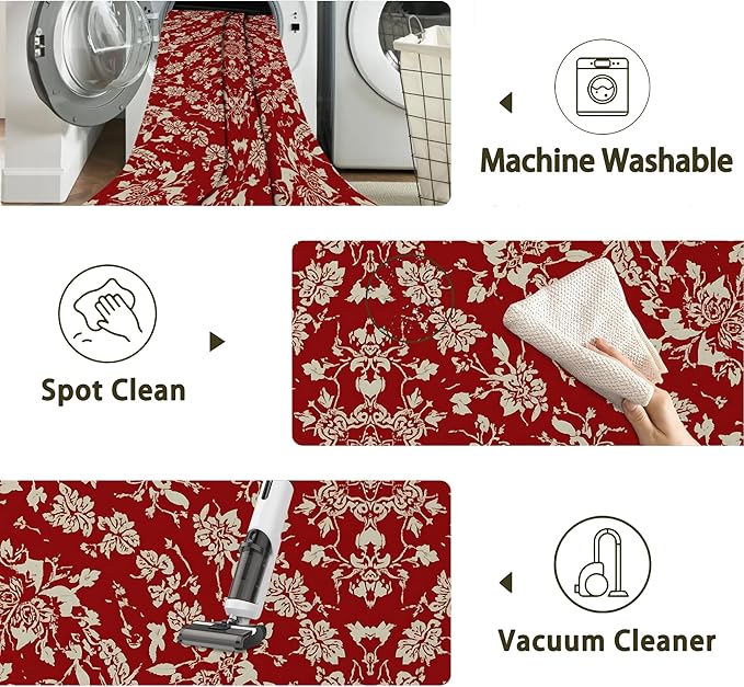 Red Flower Carpet for Living Room, 5x7 Non-Slip Washable Low Pile Abstract Design Rug, Space Saving Area Rug for Bedroom, Dining Room