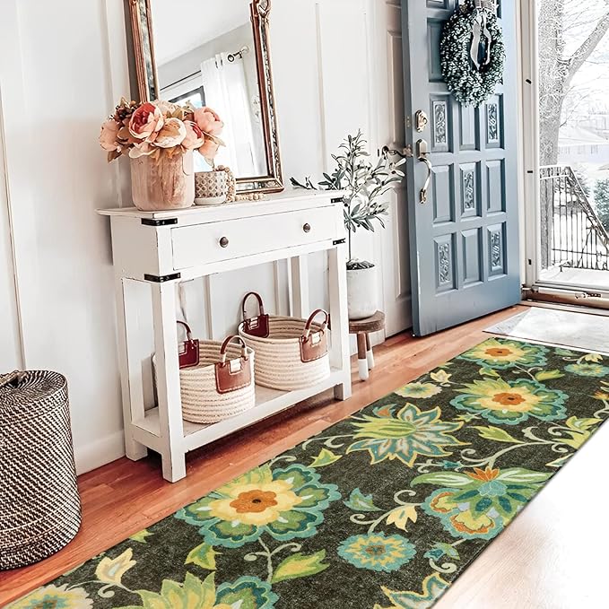 Lahome Floral Kitchen Runner Rug- 2x8 Runners for Hallways Non-Slip Washable Rug Runner Throw Low-Pile Entryway Laundry Runner Rugs Soft Green Paisley Print Carpet Runner for Bedroom Living Room