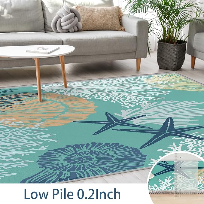 Tritard Coastal Runner Rug Nautical Hallway Rugs Beach Themed Non-Slip Machine Washable Rugs Modern Floor Carpet for Living Room Bedroom, 2x6, Teal and Turquoise