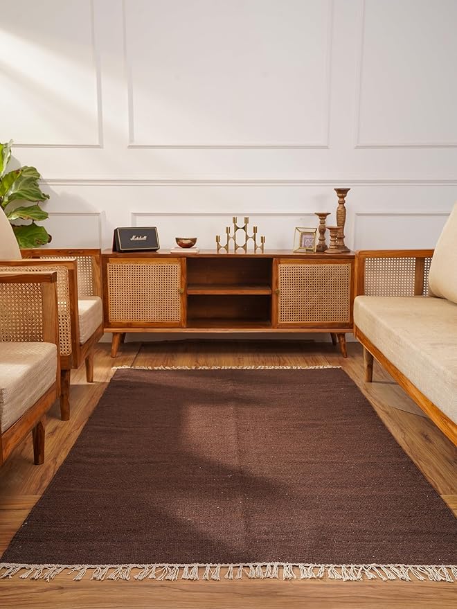 Rugsotic Carpets Hand Woven Flat Weave Kilim Wool 5'x8' Area Rug Solid Dark Brown D00111