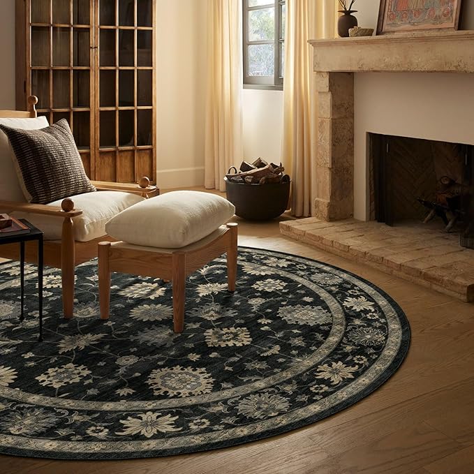 Washable Round Area Rug 4ft - Charcoal Black Traditional Floral Living Room Circle Rug 4x4 Non-Slip Farmhouse Carpet Soft Vintage Boho Round Rugs for Bedroom Bathroom Kitchen Entryway