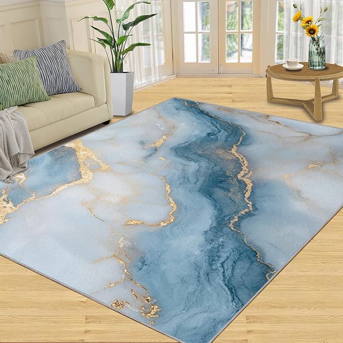 5x7 Abstract Marble Rugs for Bedroom - Blue-White-Marble Print Rug, Luxury Stone Pattern Rug Non Slip Soft Rugs for Living Room Hardwood Floors Teen Room