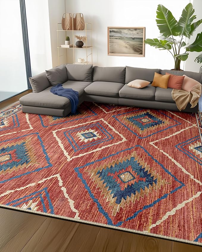 Area Rug 10x14 Rug Machine Washable Non-Slip Low Pile Print Pattern Western Rug for Living Room Bedroom Entryway Tribal Series -Red/Orange
