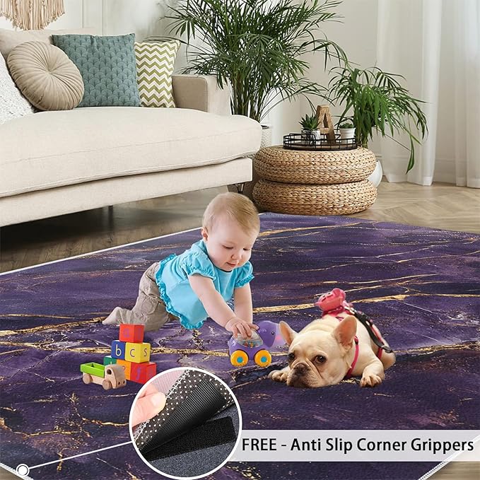 5x6 Abstract Marble Rugs for Office - Purple-Marble Living Room Carpet, Luxury Stone Pattern Bedroom Area Rug Kids Low Pile Rug for Indoor Outdoor Hardwood Floors Home Decor