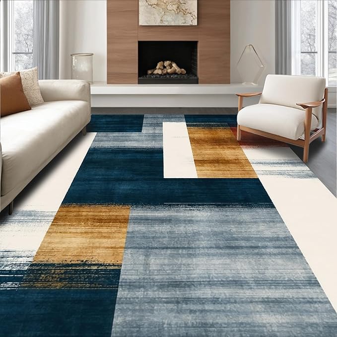 Flatwoven High Traffic Area Rug 4x6, Eclectic Funky Ink Wash Design Abstract Area in Multi Tone, Non Slip, Stain Resistant, Washable Area Rugs for Living Room, Bedroom (Blue, 4x6)