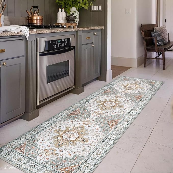 Moynesa Ultra-Thin Washable Runner - 2'6" x 8' Hallway Rug, Kitchen & Bathroom Carpet, Vintage Printed Low Pile Entryway Runner for Apartment, Camper, RV, Beige/Gold