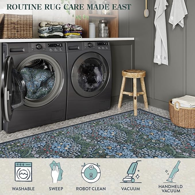 Lahome Floral Entryway Rug, 2x3 Kitchen Rugs Non Slip Washable Boho Blue Forest Design, Soft Door Mat Indoor Entrance, Ultra-Thin Easy Clean Small Throw Carpet for Bedroom Bathroom, Blue