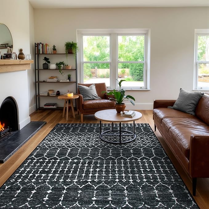Lahome Moroccan Black Area Rugs 8x10 Living Room Non-Slip Backing Ultra-Thin Large Rug Throw Stain Resistant Dining Room Rugs for Under Table, Geometric Print Modren Soft Rug for Bedroom Office