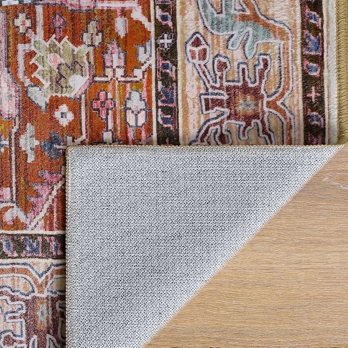 Runner Rug 2×6, Machine Washable Non-Slip Vintage Area Rug, Low Pile, Indoor Carpet Printed Floral Rugs for Living Room, Entryway, Kitchen, Bedroom, Rust Brown