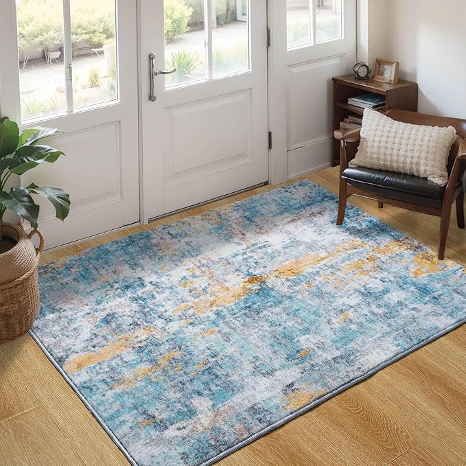Entryway Rug 3x5 Blue Bedroom Area Rug Washable Non Slip Abstract Boho Rugs for Indoor Entry, Kitchen, Classroom, Bathroom, Kids Girls Room, Office, College Dorm Small Carpet