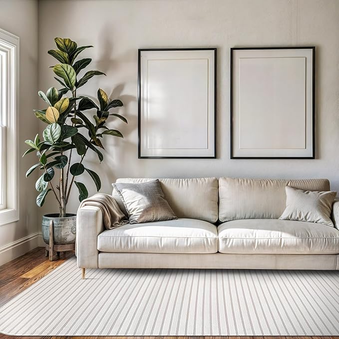 Beverly Rug Modern Geometric Area Rug 5x7 Low-High Pile Durable Soft Abstract Striped Indoor Rugs for Living Dining Room Office Stain Resistant Non Shedding Casual Indoor Carpet Beige White 5 x 7