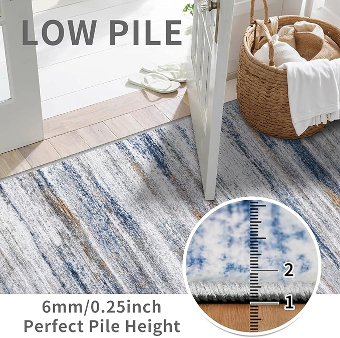 2x5 Washable Runner Rug for Family: Easy-to-Clean Runners for Hallway Entryway Bedroom - Stain and Water Resistant Rugs with Non-Slip Backing - Soft Low-Pile Carpet Navy Grey