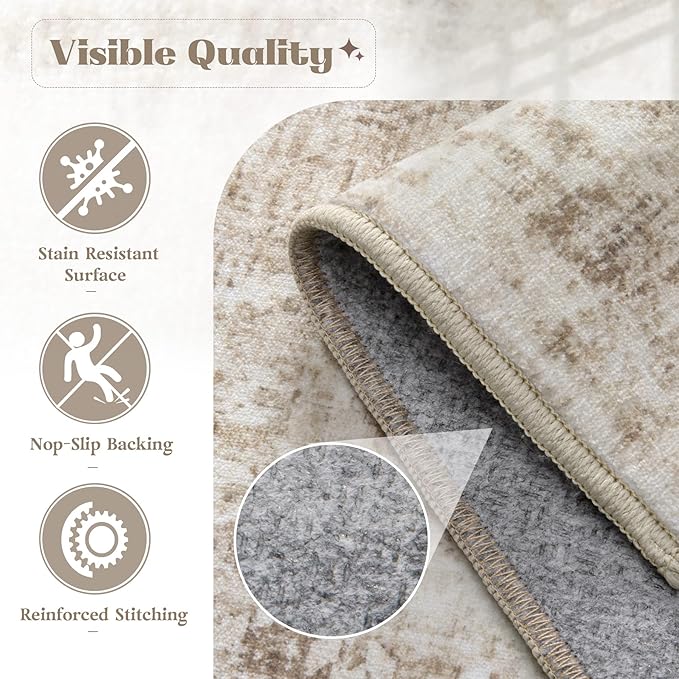 Area Rug 6x9 Washable Rug, Vintage Boho Medallion Rugs Non-Slip Soft Low Pile Large Distressed Rug Indoor Retro Carpet for Living Room Bedroom Dining Room Home Office (Brown, 6'x9')