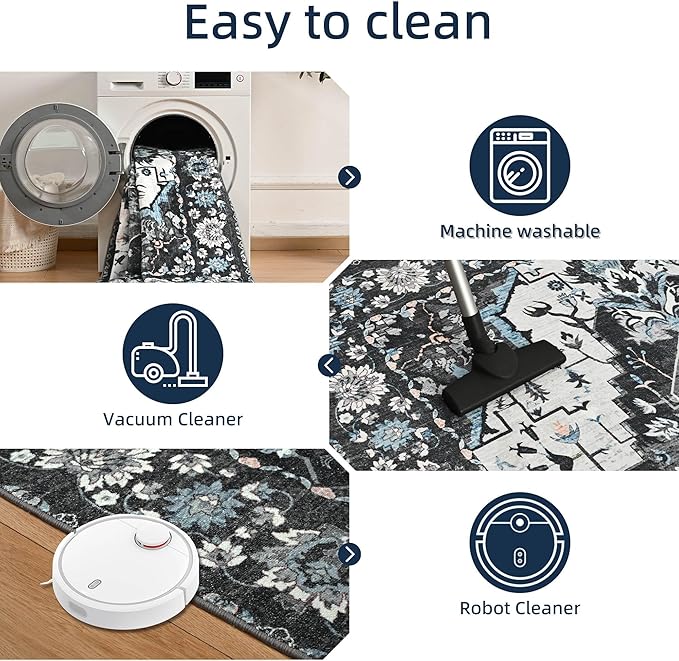 YJ.GWL Area Rugs for Living Room 9x12 Machine Washable Rugs, Non Slip Floral Vintage Rug Indoor Carpet, Stain Resistant Large Rug for Bedroom Dining Room, Black Grey Blue