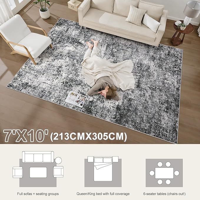 Area Rug Living Room Rugs - 7x10 Washable Large Soft Indoor Neutral Modern Abstract Low Pile Rug Carpet for Bedroom Dining Room Farmhouse Home Office - Grey