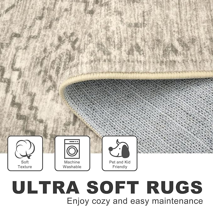KILOCOCO Hallway Runner Rug 2'x10' Runners for Hallways Washable Runner Rug Non Slip Rubber Backed Low-Pile Runners for Bedroom Kitchen Living Room Laundry Room Boho Rugs, Beige/Gray/Green