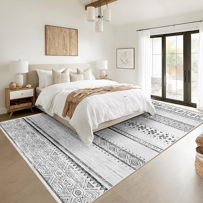 BESTSWEETIE 3x5 Area Rugs for Living Room Washable Moroccan Farmhouse Neutral Geometric Low Pile Non-Slip Soft Print Pattern Rug for Bedroom Kitchen Dining Room Entryway Grey/Black/Navy