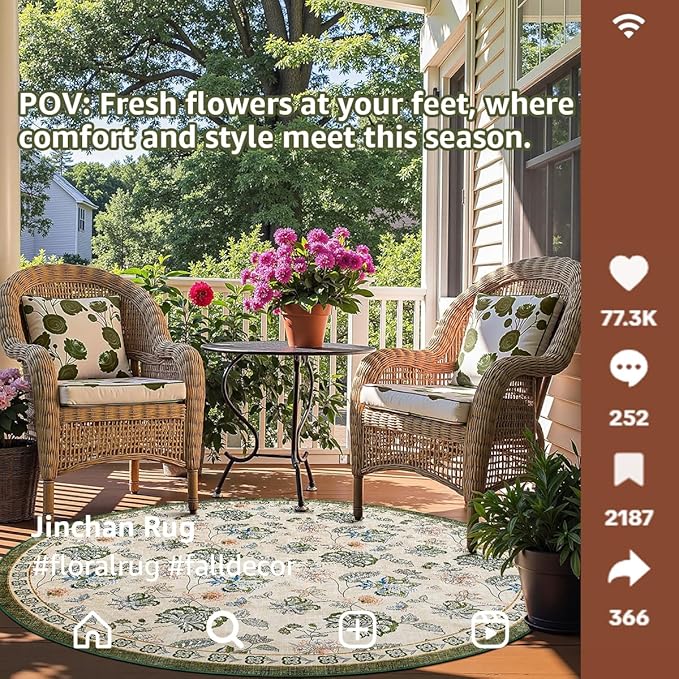jinchan Elora 8ft Floral Round Rug for Dining Room Washable Living Room Rug Vintage Romance Design Non Slip Indoor Floor Cover Lightweight Low-Profile Throw Carpet for Bedroom Porch Patio, Green/Beige