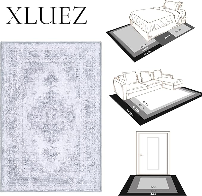 Area Rug 10x12 Living Room Rugs, Machine Washable Vintage Distressed Medallion Rug Non-Slip Soft Low Pile Large Indoor Rugs for Bedroom Kitchen Dining Room Office(Light Grey,10'x12')