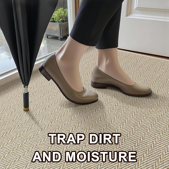 Ultra Thin Door Mat Indoor Entrance 24"x36", Low-Profile Indoor Door Mat, Non Slip Entry Mat Rubber Backing Unique Herringbone Design Inside Doormat Dirt Trapper Entryway Mats, Beige