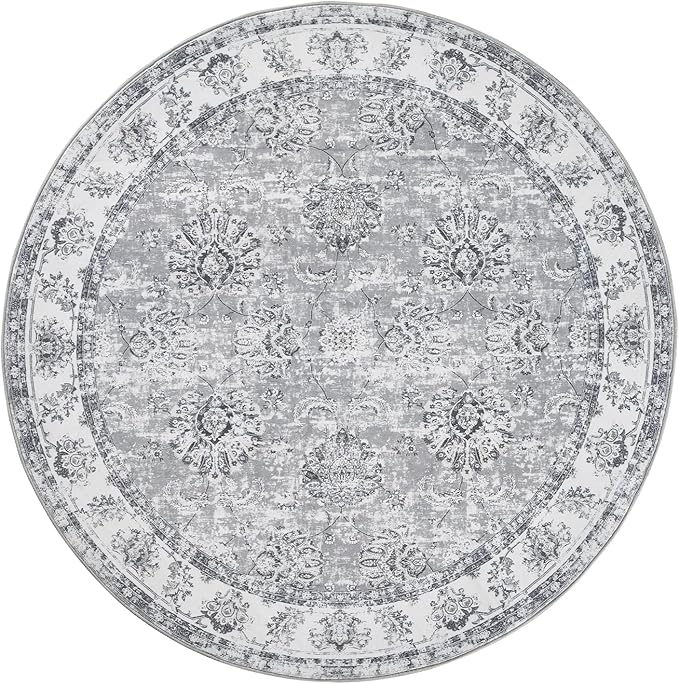 jinchan Fiora Round Rug 4ft Area Rug - Indoor Vintage Hallway Circle 4' Washable - Ultra-Thin Low Pile Soft Small Non Slip Distressed Floral Print for Living Room Dining Room Bedroom Entryway Grey