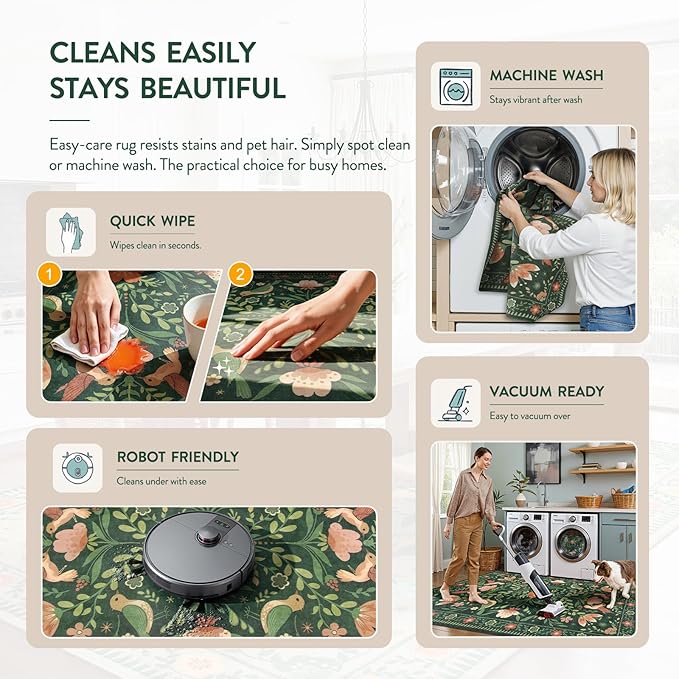 Moynesa Green Washable 8x10 Area Rugs for Living Room Bedroom Dining Room, Modern Cottage Farmhouse Aesthetic Floral Bird Medallion Carpet, Vintage Home Decor Open Floor Areas Protection Non-Slip