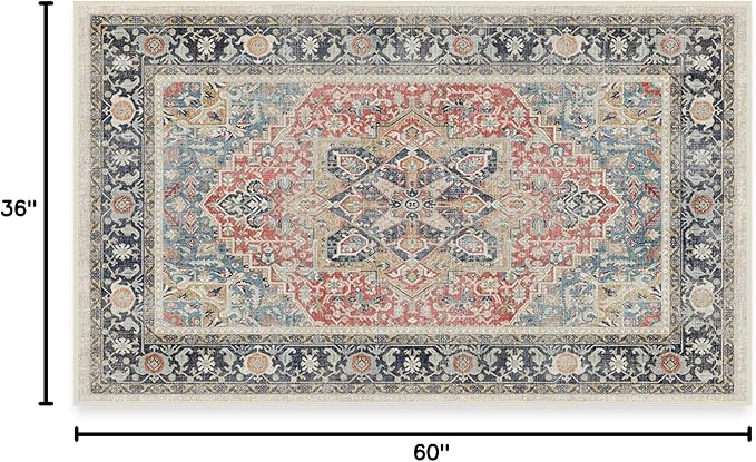 RUGGABLE Washable Vintage Area Rug – Kamran Cayenne Red 3x5, Stain-Resistant, Non-Slip – Small Machine Washable Rugs for Living Room, Bedroom, Hallway, Entryway & Office–with Standard Pad