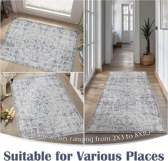jinchan Kalen Area Rug 2x3 Washable Entryway Rug Soft Door Mat Vintage Indoor Entrance Thin Retro Distressed Carpet Blue Floral Country Boho Non Slip Doormat Bathroom Kitchen Bedroom