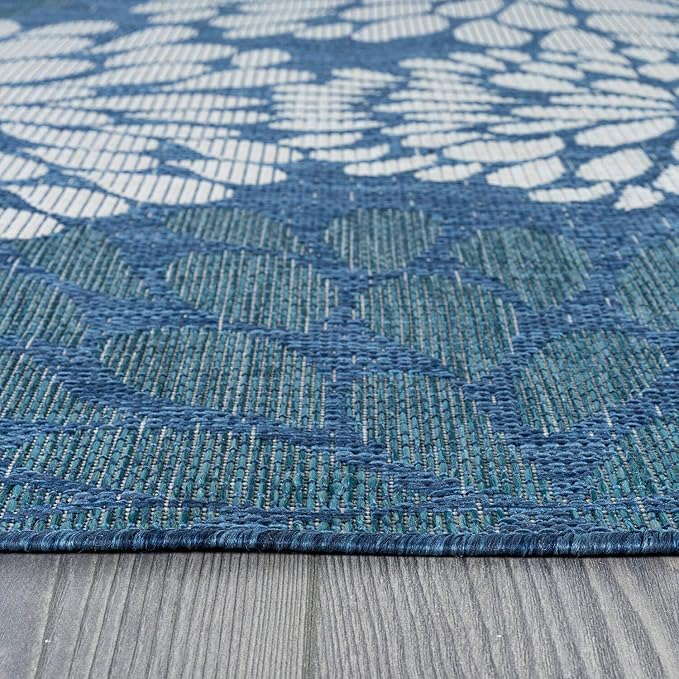 Beverly Rug Outdoor Rug 8x10 Modern Exotic Tropical Leaf Area Rugs for Indoor and Outdoor Patio Deck Porch Garden Water Resistant Washable Outside Carpet (8 x 10 Blue)