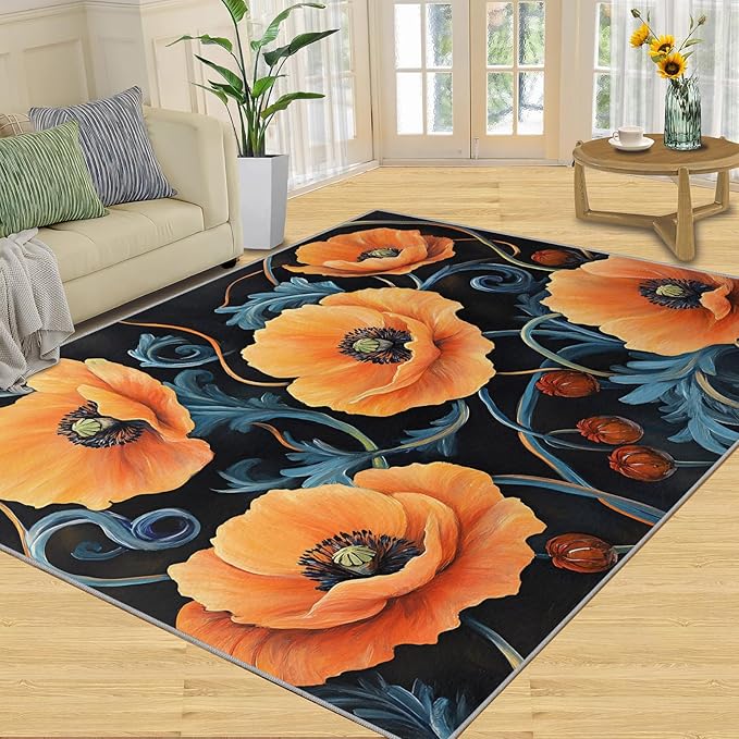 4x5 Poppy Indoor Outdoor Rug - Retro Florals Art Bedside Rug, Rustic Flowers Art Washable Entry Way Rugs Kids Carpet for Inside House Playroom Living Room End Table Nursery