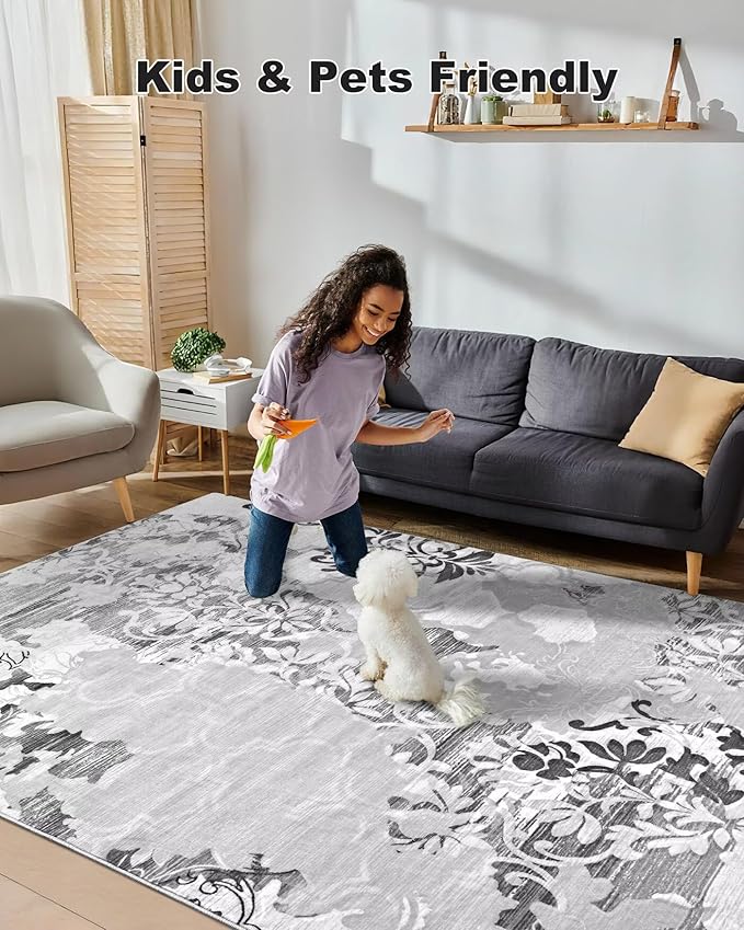 Washable Abstract Rug, 9x12 Classic Grey and White Floral Area Rugs with Non-Slip Rubber Backed for Living Room, Low Pile Modern Throw Carpet Bedroom Dining Room Decor