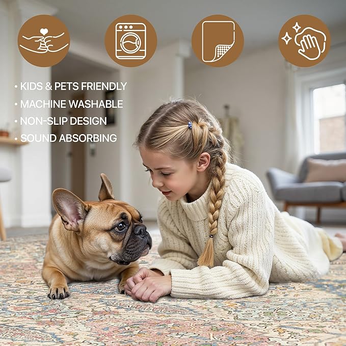 GENIMO 6x9 Area Rugs for Living Room, Machine Washable Low Pile Rugs, Chenille Non Alip Vintage Rug for Bedroom, Dining Room, Home Office, Beige Cream