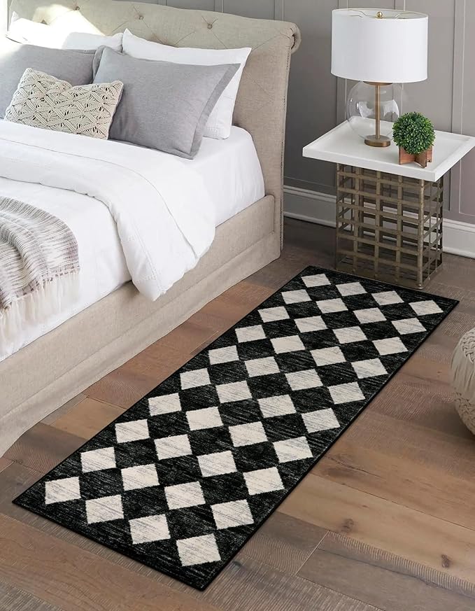 Lahome Moroccan Trellis Runner Rug - 2x6 Washable Black Bathroom Runner Rug Laundry Room Carpet Runners, Modern Soft Non Slip Indoor Floor Accent Mat for Bedside Kitchen Hall Bar Entryway RV