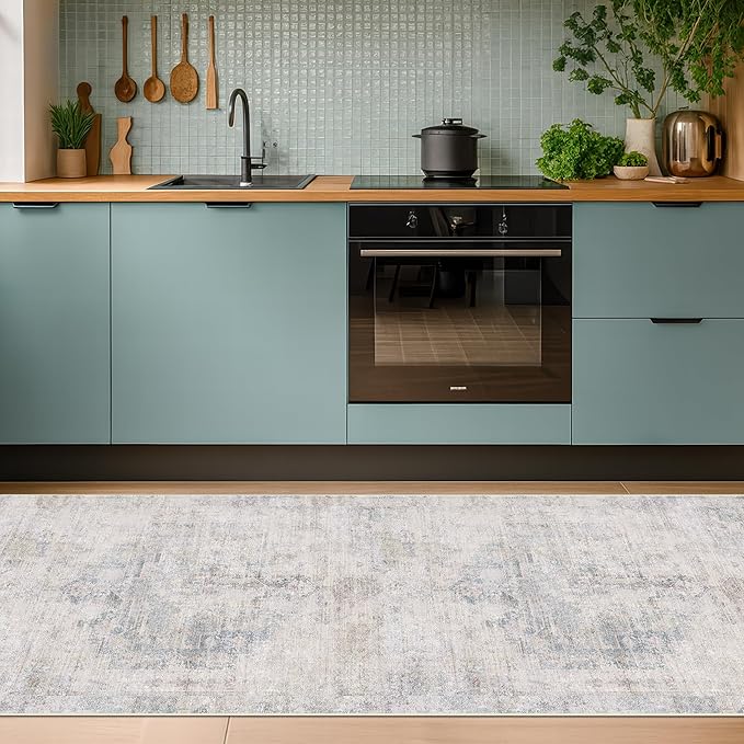 Non Slip 10ft Long Hallway Runner Rug - Blue and Gray 2 x 10 Runner Rug, Washable & Waterproof 2x10 Kitchen Floor Mat - Modern Abstract Design Décor