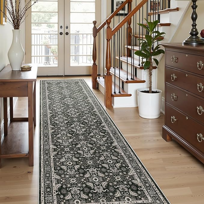 WITSHOCK Living Room Area Rugs 3x10: Soft Non-Slip Backing Washable Rugs Vintage Large Carpet for Bedroom Office Dining Room Kitchen Stain Resistant Home Decor Rug,Black