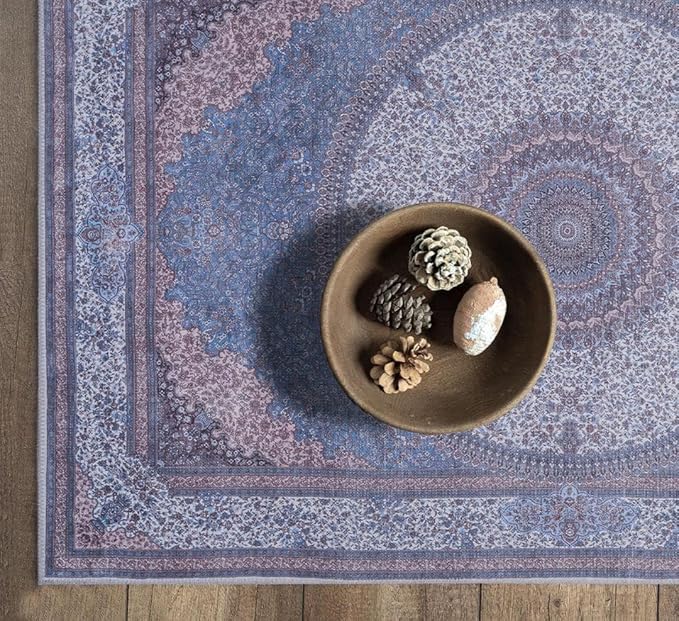 GLN Rugs Traditional Collection - Machine Washable Area Rug, Traditional Washable, Non Slip, Low Pile Chenille Rug, Living Room, Bedroom, Kitchen Rug (6' x 9' Navy/Off White)