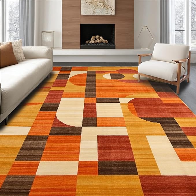 Flatwoven High Traffic Area Rug 5x7, Orange Rust Copper Abstract Geometric Shape, Non Slip, Stain Resistant, Washable Area Rugs for Living Room, Bedroom (Orange, 5x7)