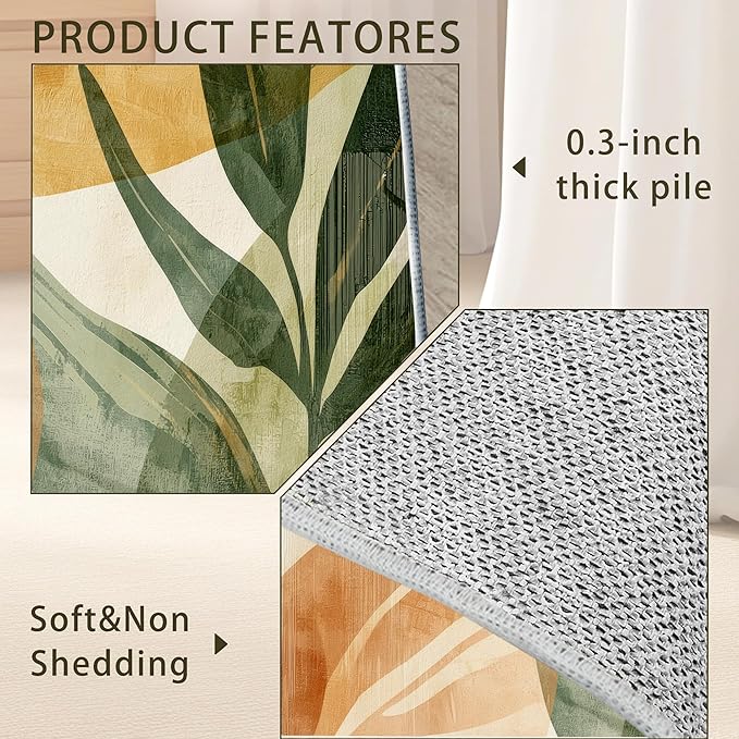 Boho Tropical Leaves Washable Living Room Area Rug, Low Profile Abstract Pattern, 3x5 Non-Slip Backing Carpet for Kitchen, Bedroom, Dining Room