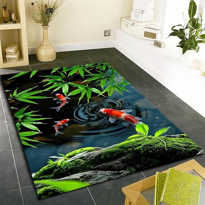 Pond Koi Fish Living Room Rug, 3x4ft, Summer Greenery Moss Stream Indoor Decor Carpet, with Non-Slip Backing Absorbent Thin Mat, Soft Easy Clean Washable Rugs for Office Entryway
