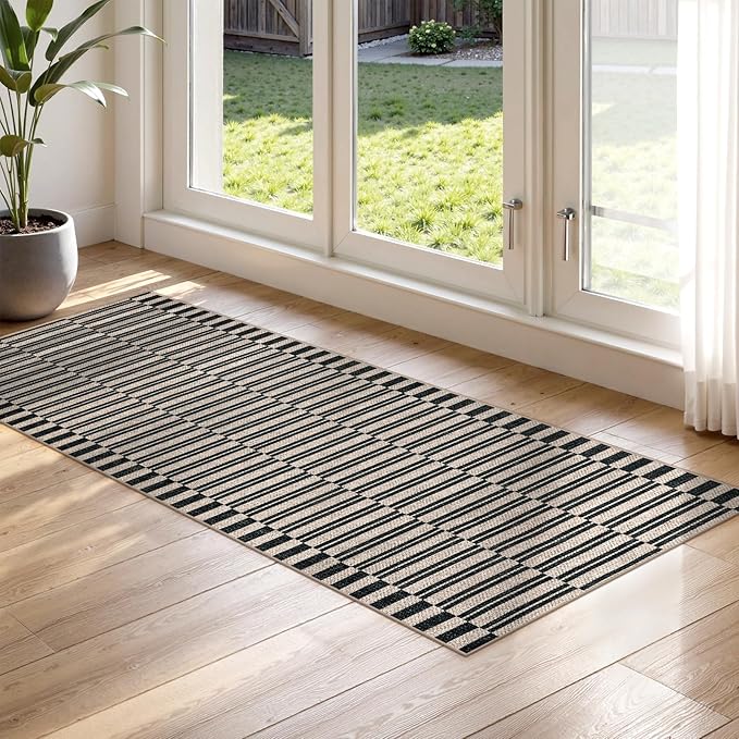 Lahome Striped Easy Jute Entryway Runner, 2x6 Kitchen Mats for Floor Black Rug Runners for Hallways Non Slip Indoor Outdoor Carpet, Farmhouse Non Shedding Floor Carpet for Laundry Porch Corridor