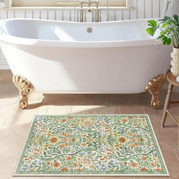 Floral 2x3 Entryway Rug,Washable Front Door Mat Indoor Non Slip Low Pile Small Carpet, Soft Grass Green Boho Botanical Throw Rug for Bathroom Bedroom Kitchen Laundry Indoor Entrance