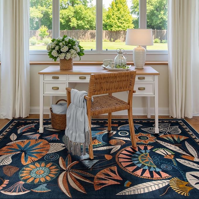 Egypt Floral Washable 5x7 Area Rug for Living Room, Large Boho Bedroom Dining Room Rugs for Under Table, Vintage Non Slip Soft Throw Carpet for Playroom Office Apartment (Dark Blue, 5 x 7)
